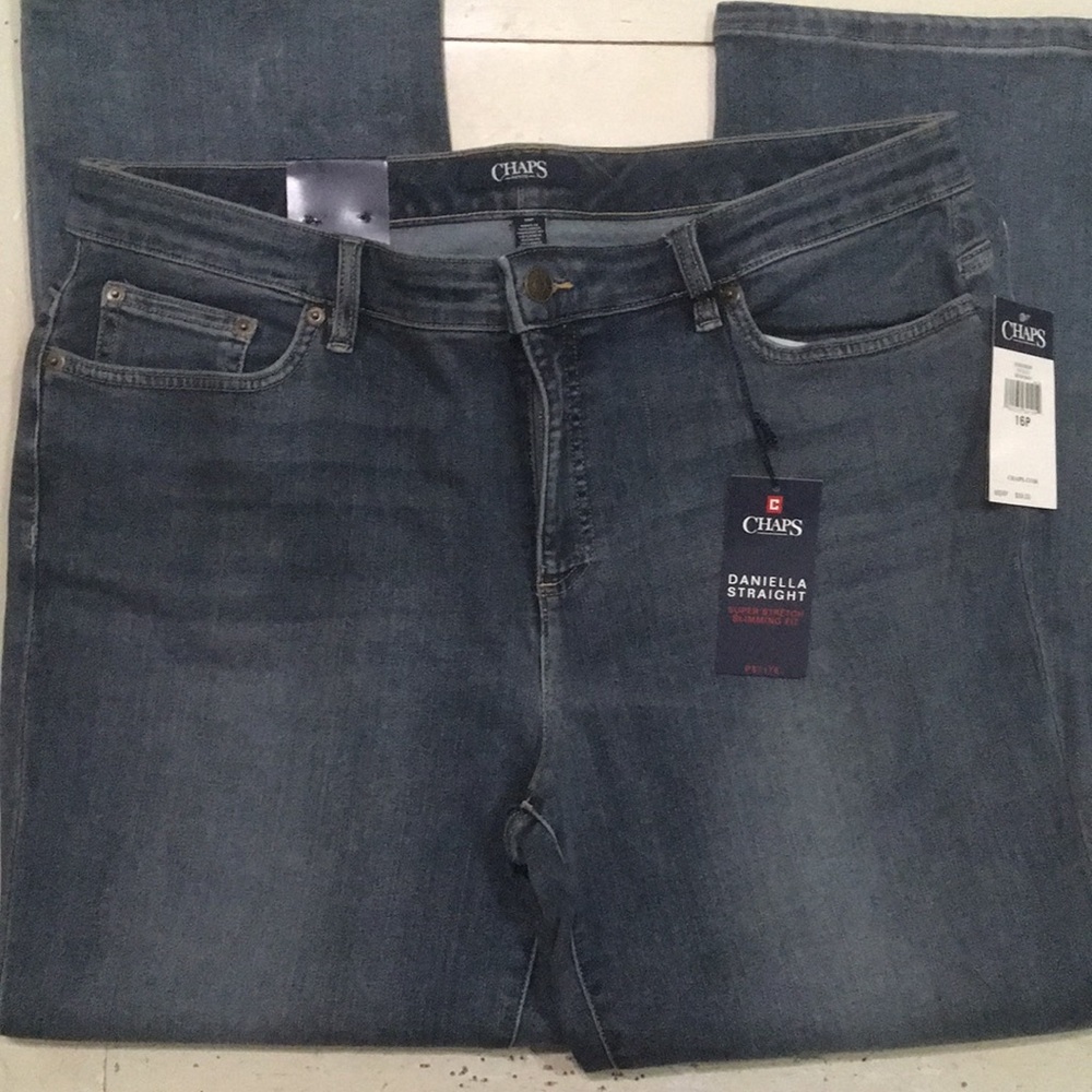 Chaps Blue Denim Jeans Women’s Petite 16P Slimming Straight Distressed Jeans